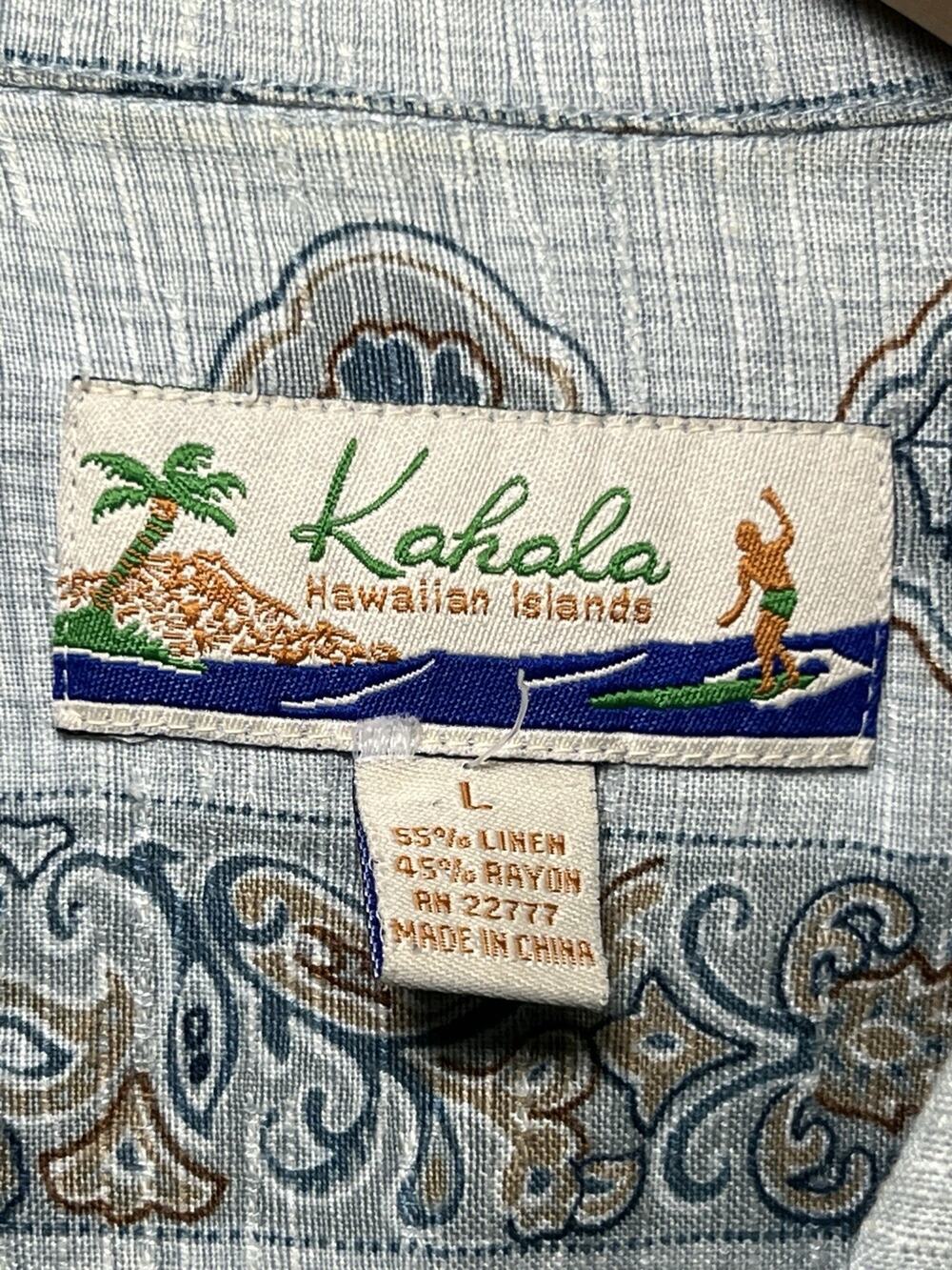 KAHALA Hawaiian Shirt Men’s Large Blue Gray Linen Rayon Aloha Camp Island Beachy